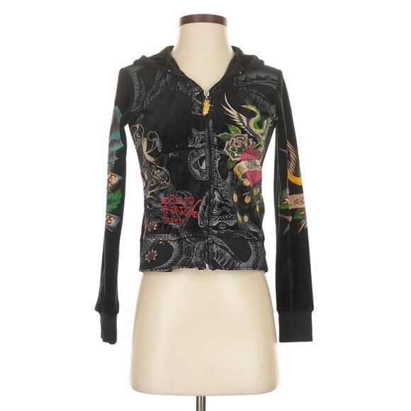 Vtg Y2K Ed Hardy Black Velour Zip Up Skull Tattoo Hoodie McBling Jacket Womens S - Picture 10 of 11